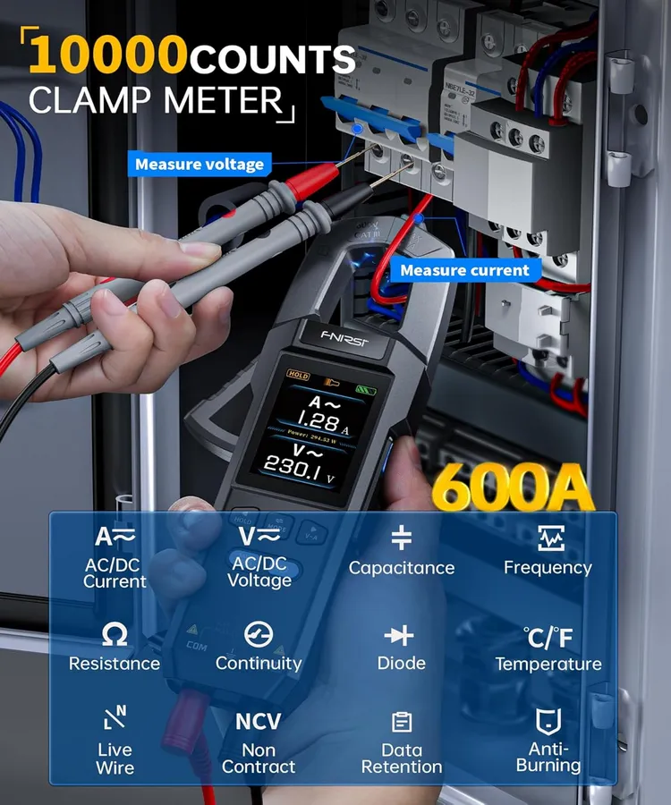 FNIRSI DMC-100 Clamp Meter 9999 Counts TRMS, 600A AC/DC Amp Meter