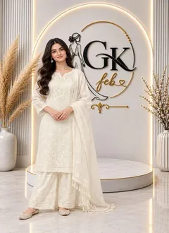 Off-White Chikankari Embroidered Salwar Suit Set Maslin Fabric Silk Inner Lace Dupatta