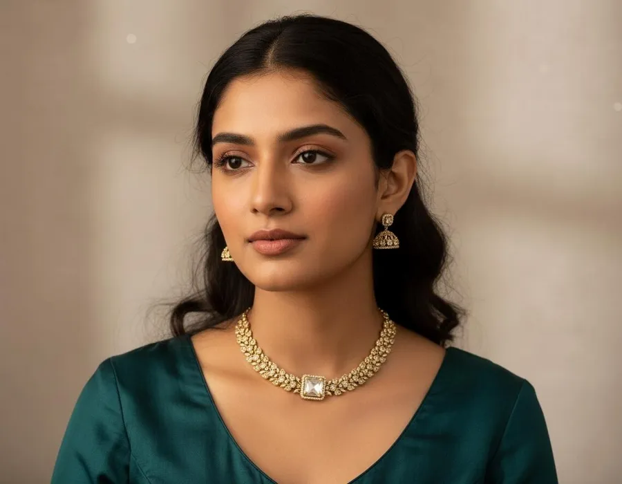 One Gram matte Gold Plated Premium American DIAMOND CHOKER NECKLACE With jhumki Earring Wedding Bridal South indian Emerald Green set