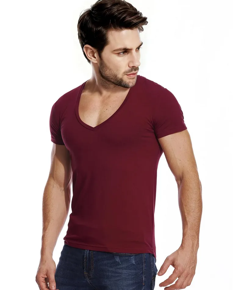 Zbrandy Mens Deep V Neck T Shirts Vneck Tshirt Low Cut Undershirts Slim Fit Short Sleeve Tees Casual Wine Red