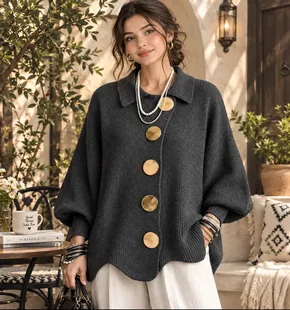 Oversized Knit Cardigan with Gold Buttons Lapel Collar Cozy Fall Winter Sweater Jacket
