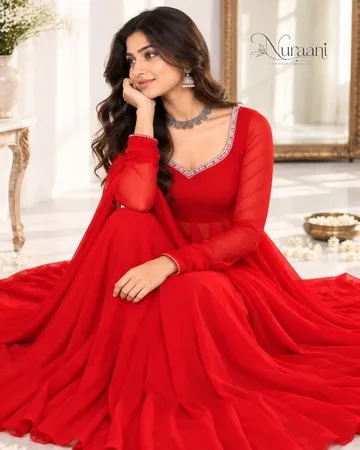 Red Anarkali Gown with Palazzo & Dupatta – 3 Pc Readymade Party Wear Suit Wedding Guest Outfit For Girls