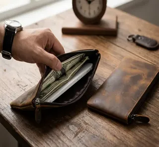 Leather Bank Cash Pouch, Leather Zipper Money Pouch, Slim Large Zipper Wallet, Mens Leather Zipper Money Pouch, Big Leather Money Bag Zipper