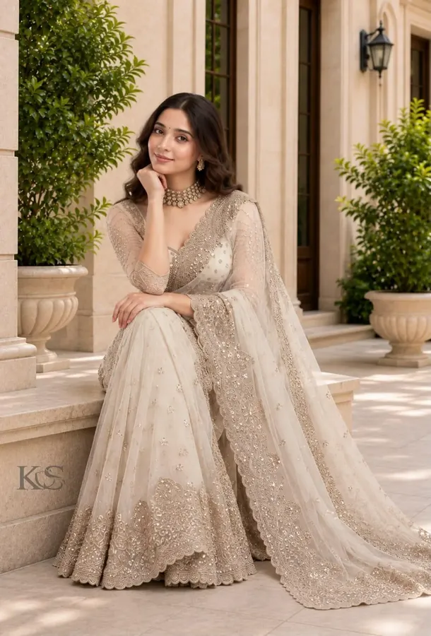 White Georgette Embroidered Saree ,Soft Sequence sari, Bridal Saree, Diamond Work , Indian Party Wear Saree with Blouse