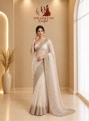 Off-White Net Saree with Sequin Embroidery, Ready-to-Wear Party Wear, Indian Bridal Sari