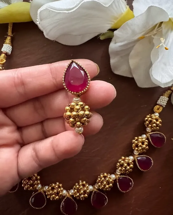 Kemp Ruby Necklace/Guttapusalu Necklace/Temple necklace/South Indian choker necklace/Wedding jewelry/Temple jewelry/Necklace